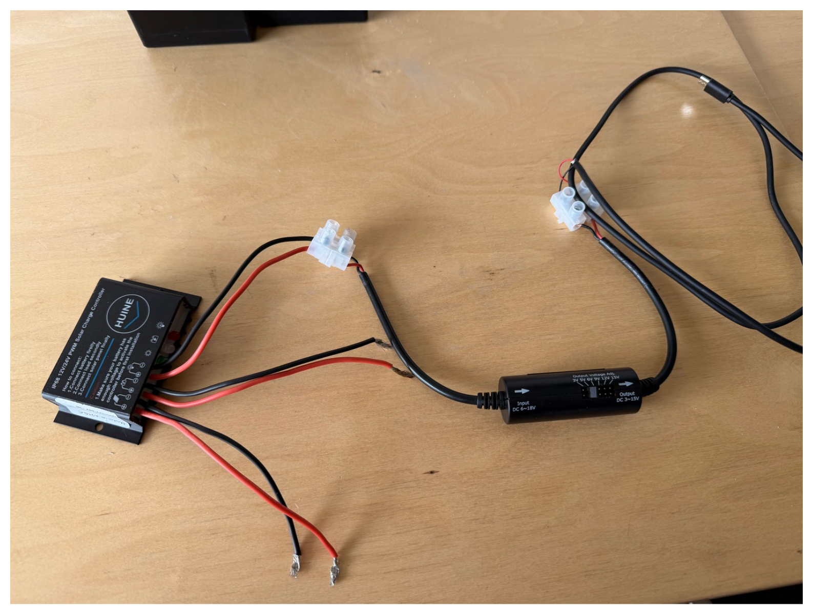 Photo showing the multi-voltage adaptor connected to the solar controller.