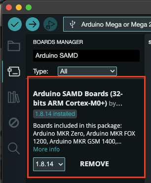 Screenshot of the Arduino IDE showing the board manager with the Arduno SAMD Board highlighted. Screenshot of the Arduino IDE showing the board manager with the Arduno SAMD Board highlighted.